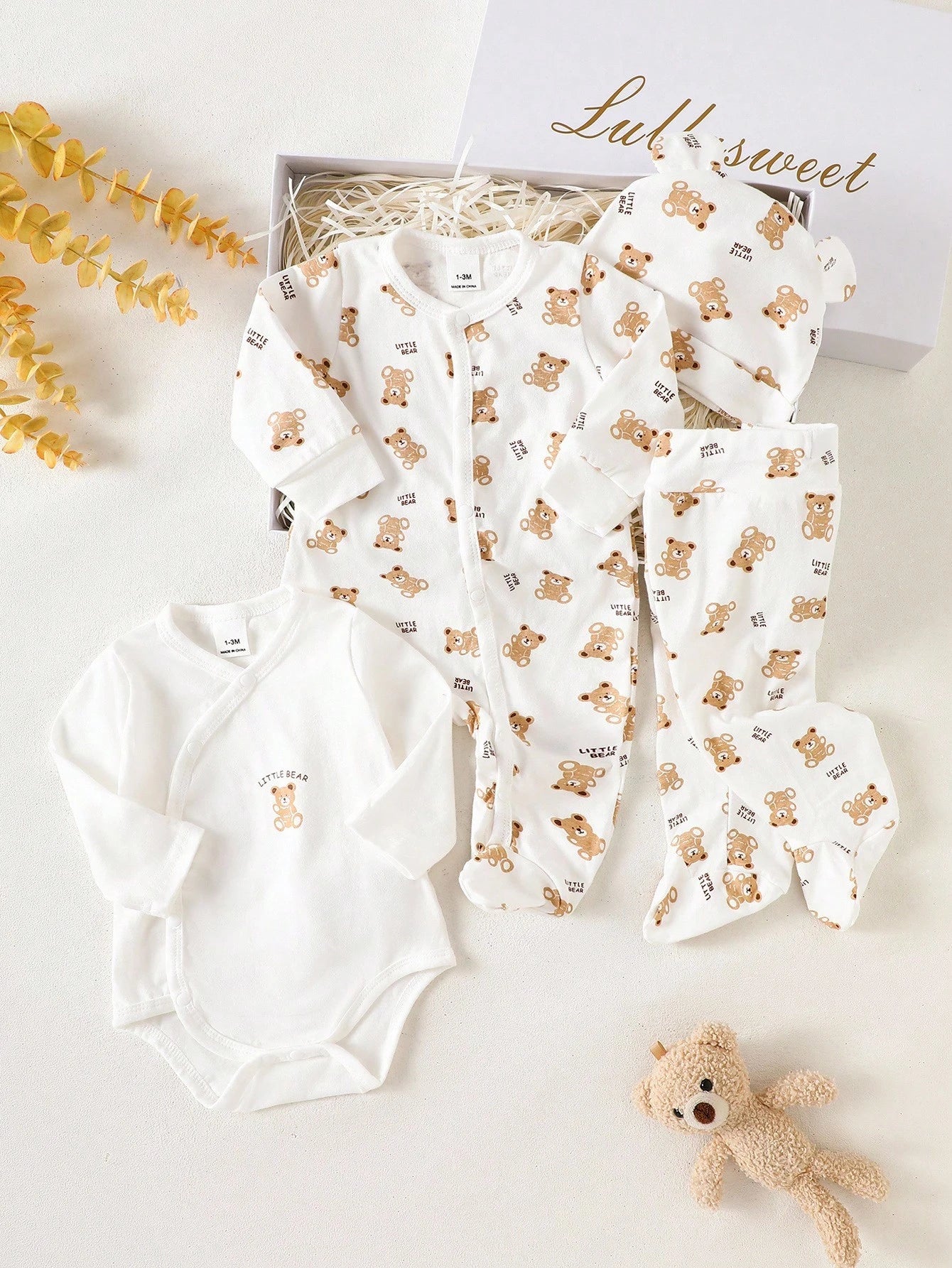 4pcs Baby Boys Little Bear Print Layette Gift Set - Ivory | 21 Cent...