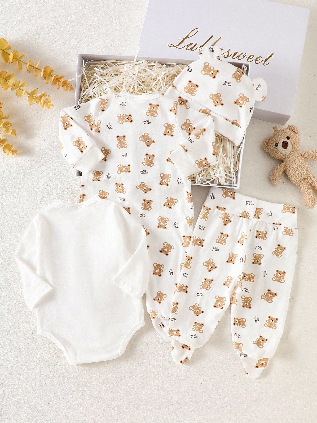 4pcs Baby Boys Little Bear Print Layette Gift Set - Ivory | 21 Cent...