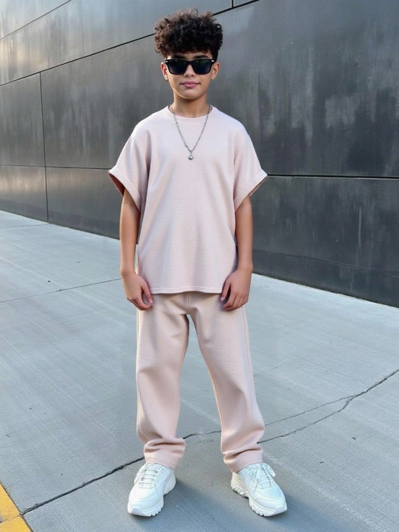2pcs Big Boys Ribbed Oversized Tee & Wide-Leg Pants Set - Blush | 2...