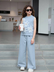 2pcs Big Girls 3D Floral Appliqué Top & Wide-Leg Pants Set - Powder...