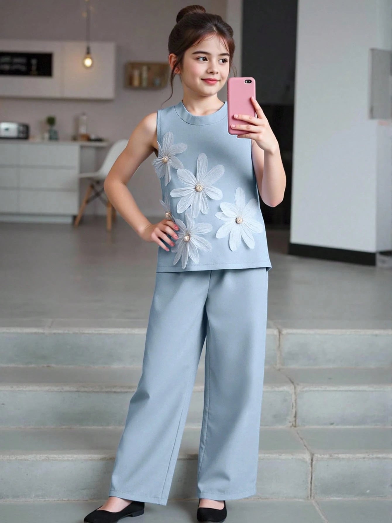 2pcs Big Girls 3D Floral Appliqué Top & Wide-Leg Pants Set - Powder...