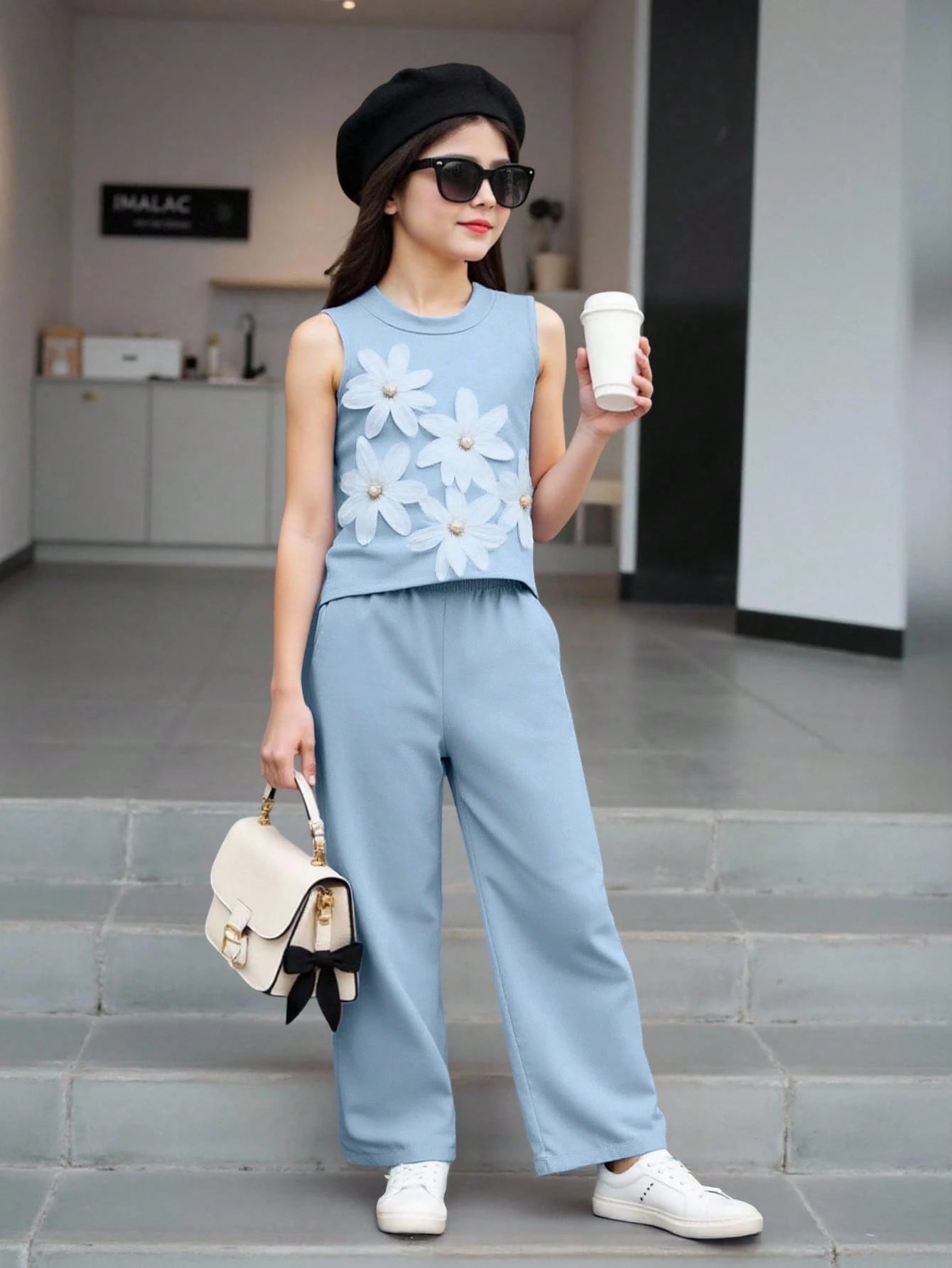 2pcs Big Girls 3D Floral Appliqué Top & Wide-Leg Pants Set - Powder...