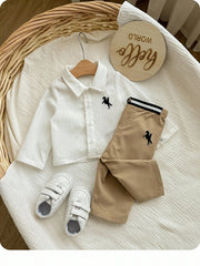 2pcs Baby Boys Equestrian Crinkle Shirt & Trousers Set - Ivory | 21...