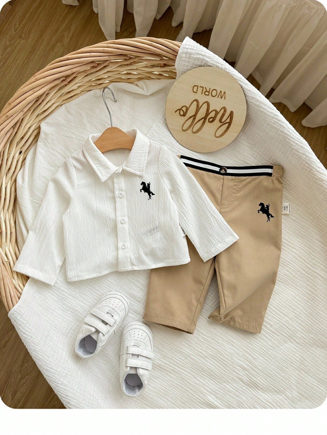 2pcs Baby Boys Equestrian Crinkle Shirt & Trousers Set - Ivory | 21...