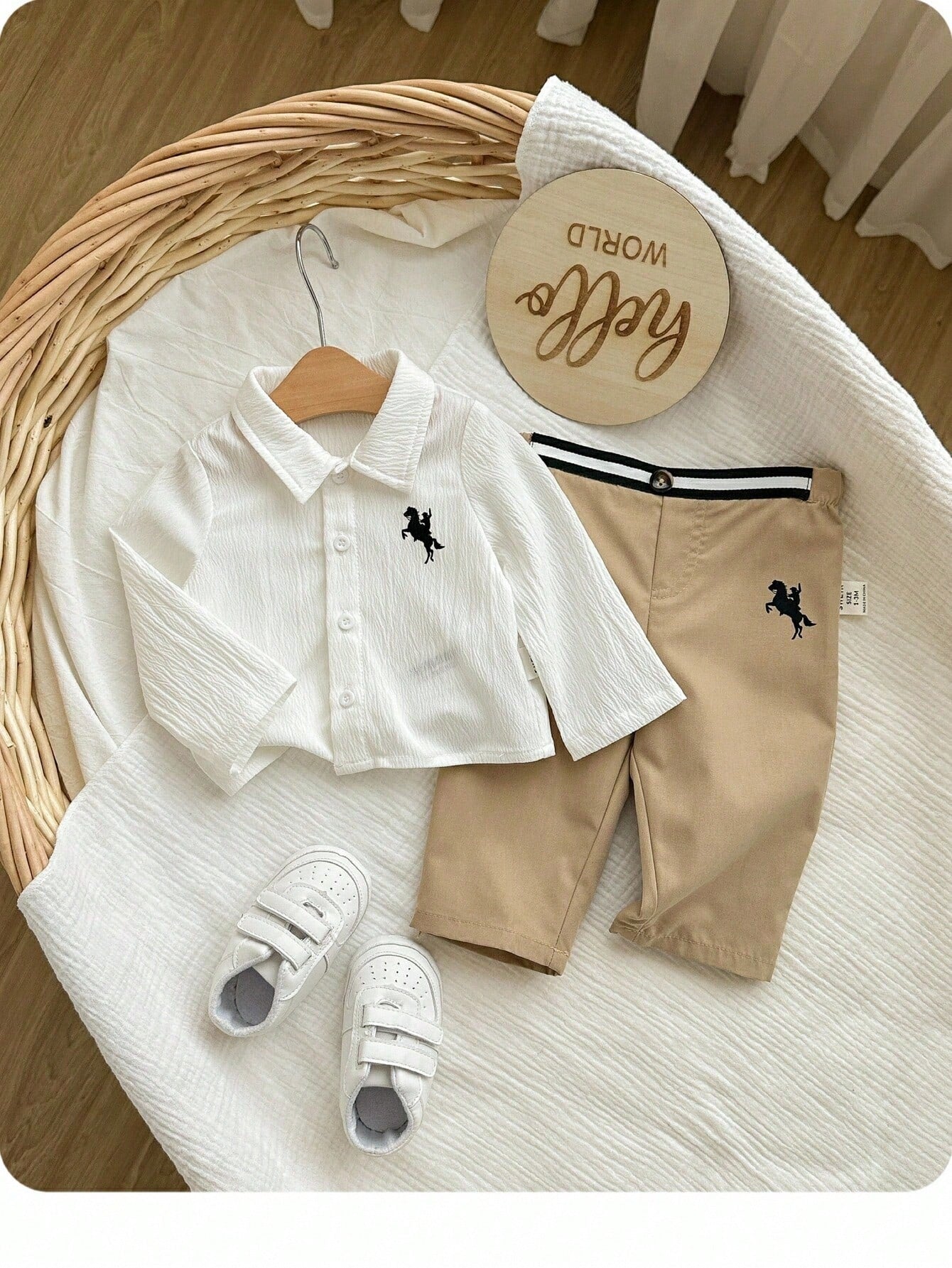 2pcs Baby Boys Equestrian Crinkle Shirt & Trousers Set - Ivory | 21...