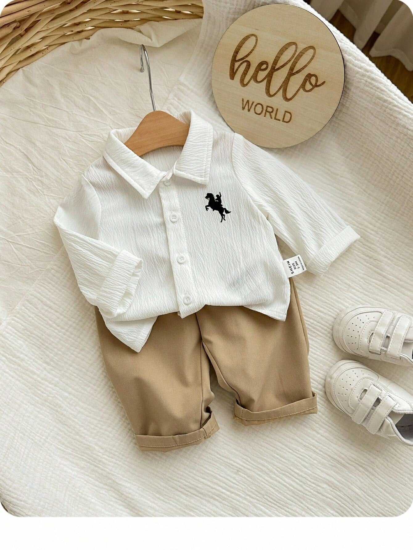 2pcs Baby Boys Equestrian Crinkle Shirt & Trousers Set - Ivory | 21...