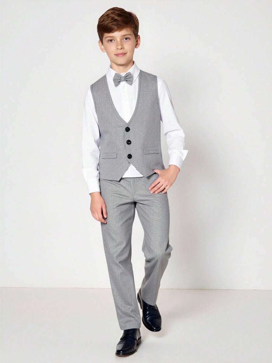 3pcs Boys Formal Waistcoat, Trousers & Bow Tie Set - Slate | 21 Cen...