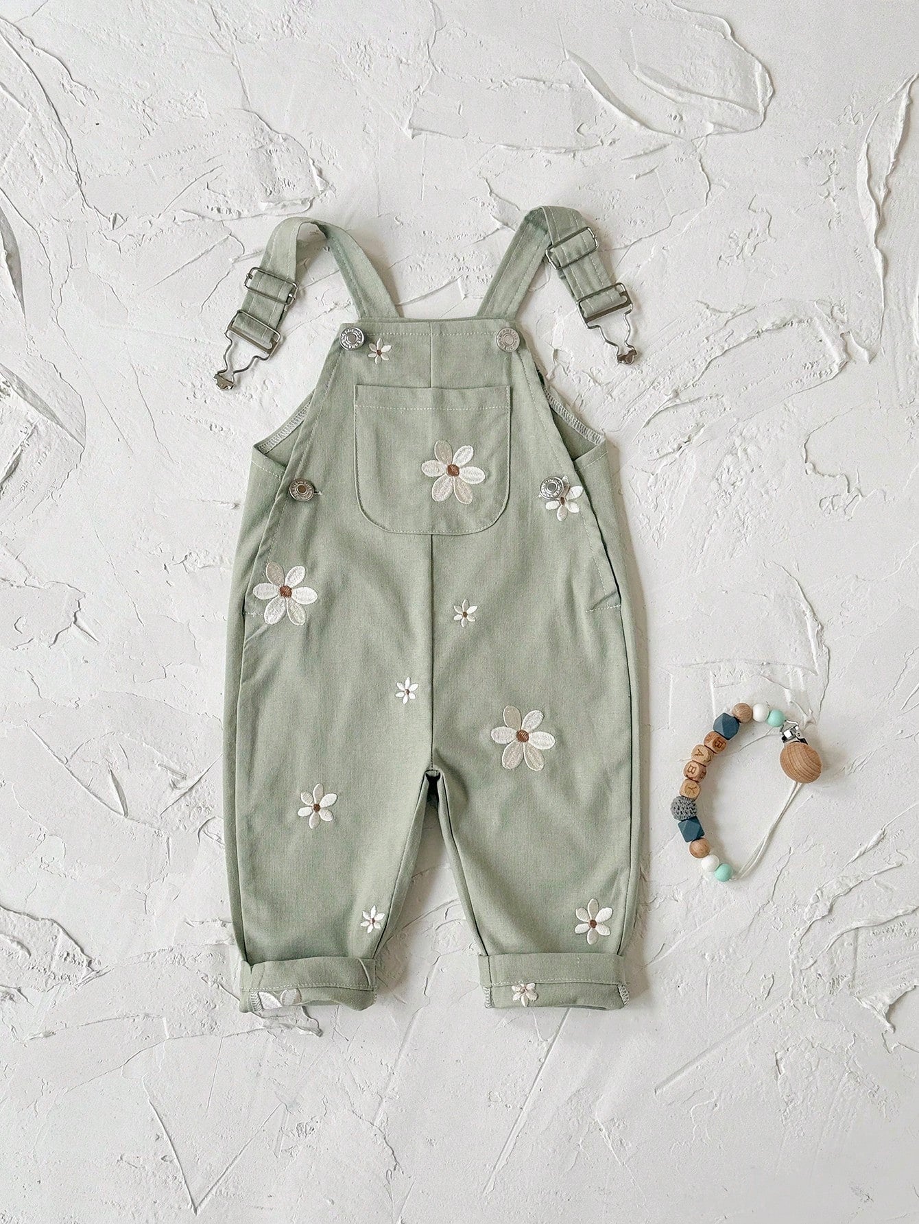 Baby Girls Daisy Embroidered Dungaree Overall - Sage