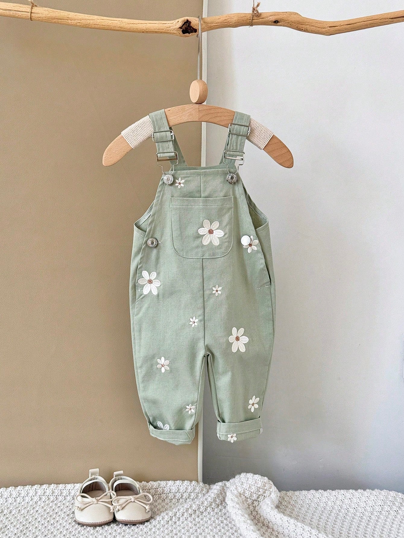 Baby Girls Daisy Embroidered Dungaree Overall - Sage