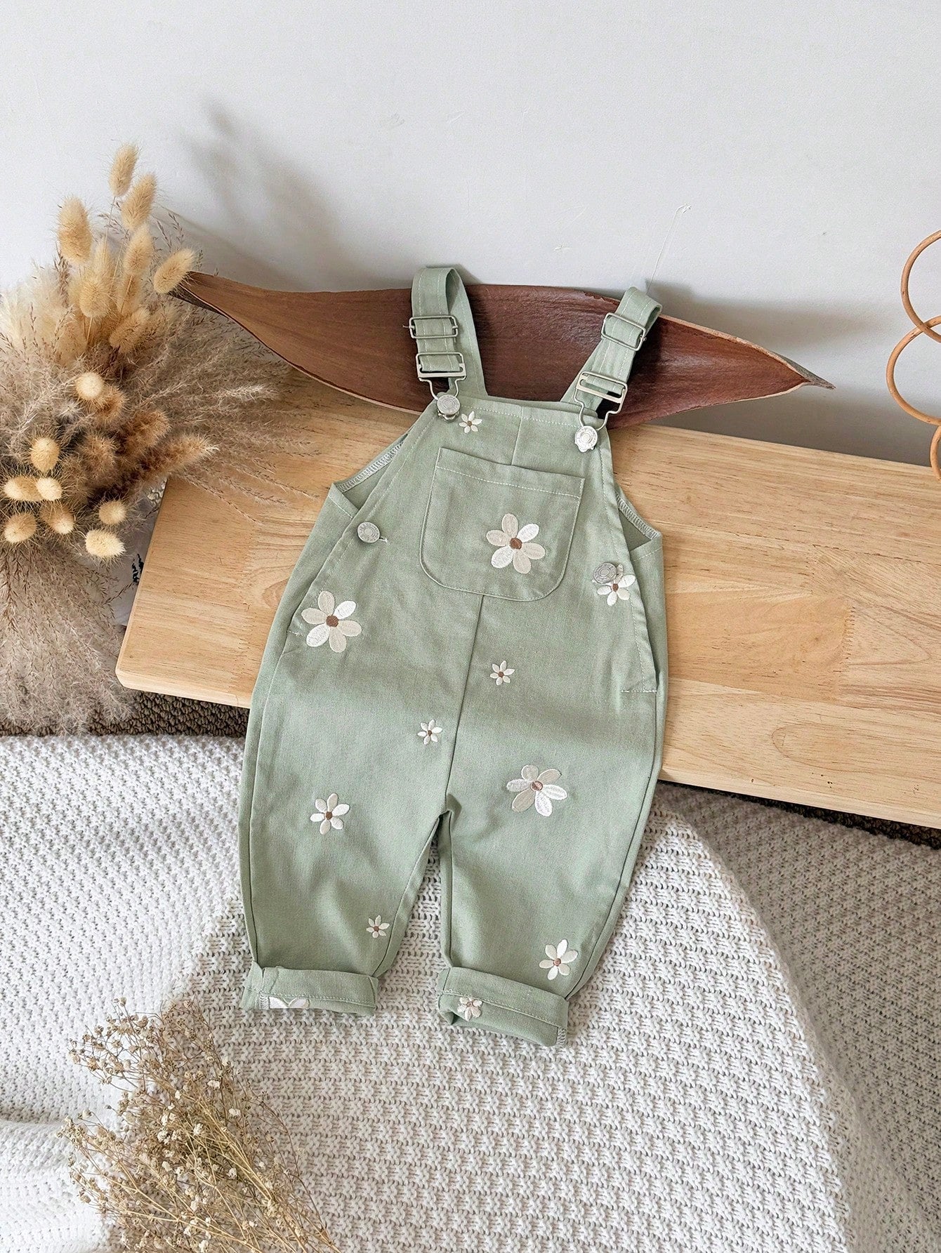 Baby Girls Daisy Embroidered Dungaree Overall - Sage