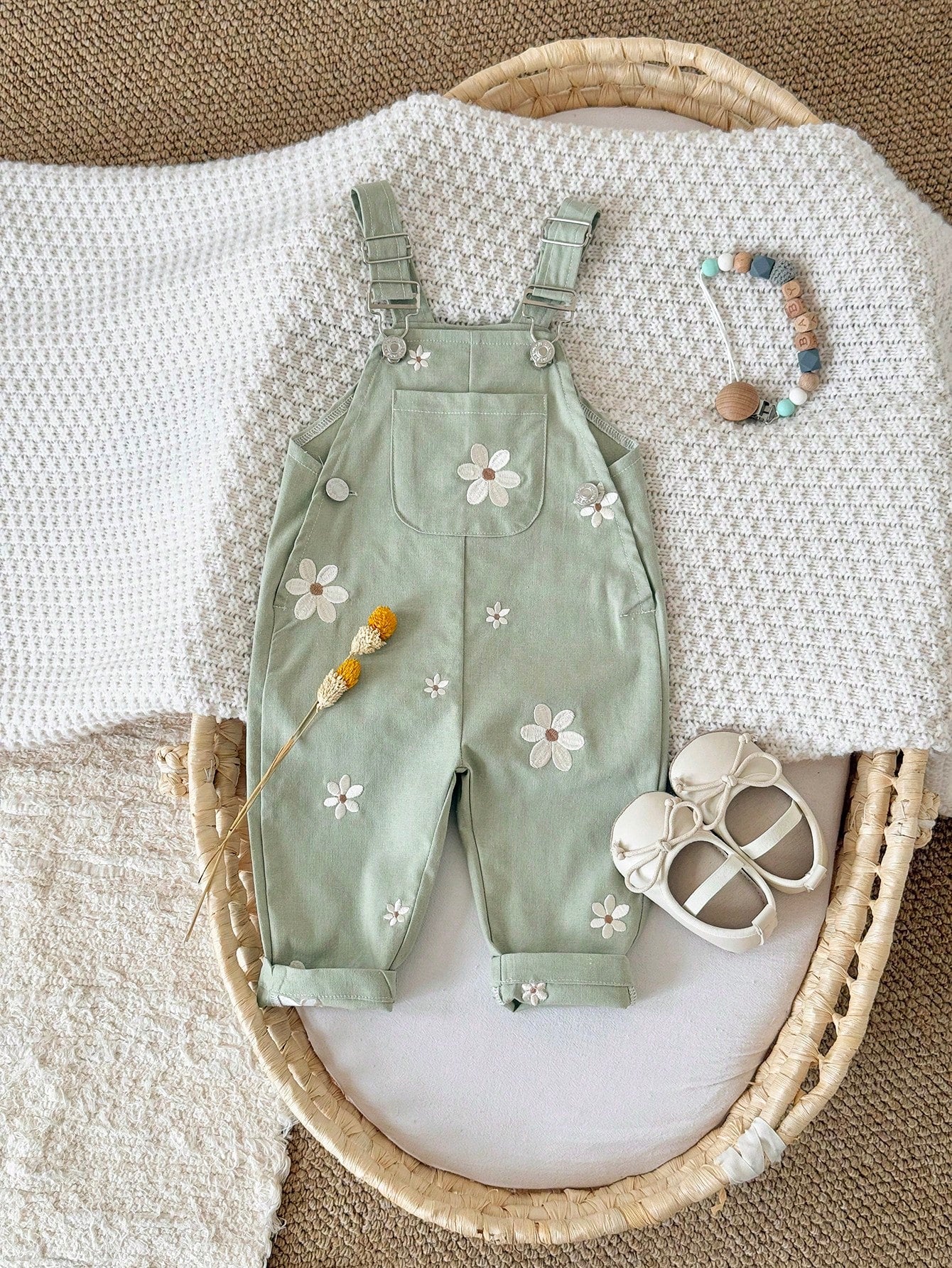 Baby Girls Daisy Embroidered Dungaree Overall - Sage