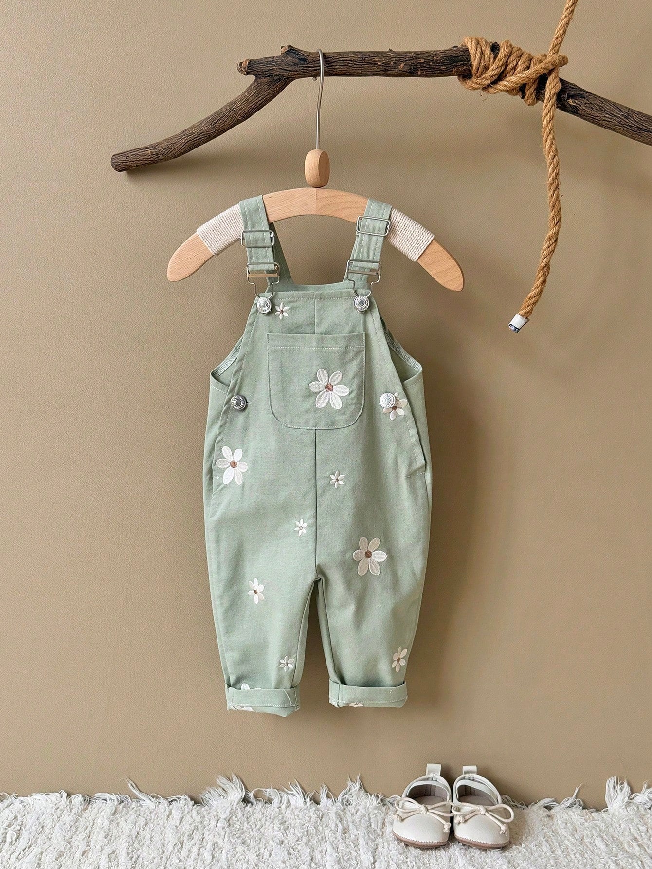 Baby Girls Daisy Embroidered Dungaree Overall - Sage