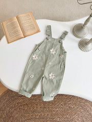 Baby Girls Daisy Embroidered Dungaree Overall - Sage