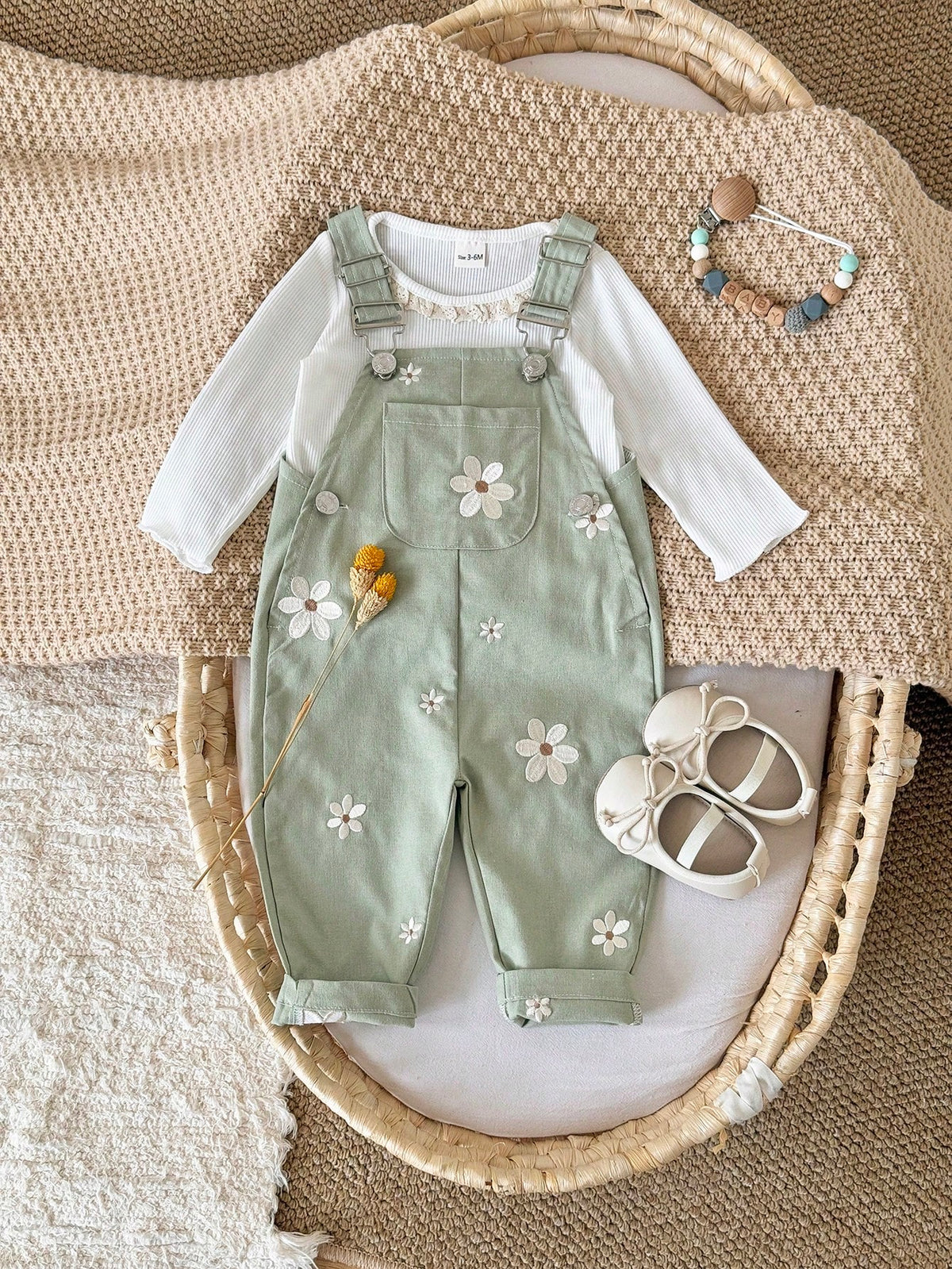 Baby Girls Daisy Embroidered Dungaree Overall - Sage