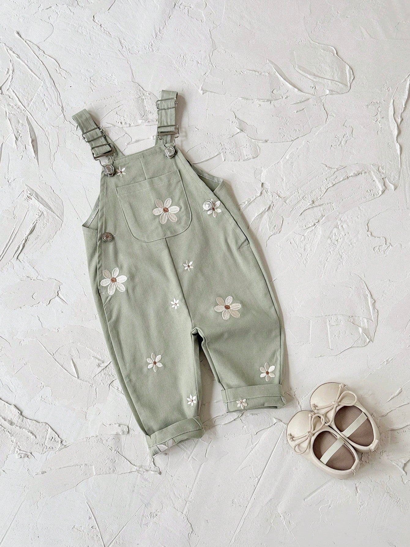 Baby Girls Daisy Embroidered Dungaree Overall - Sage