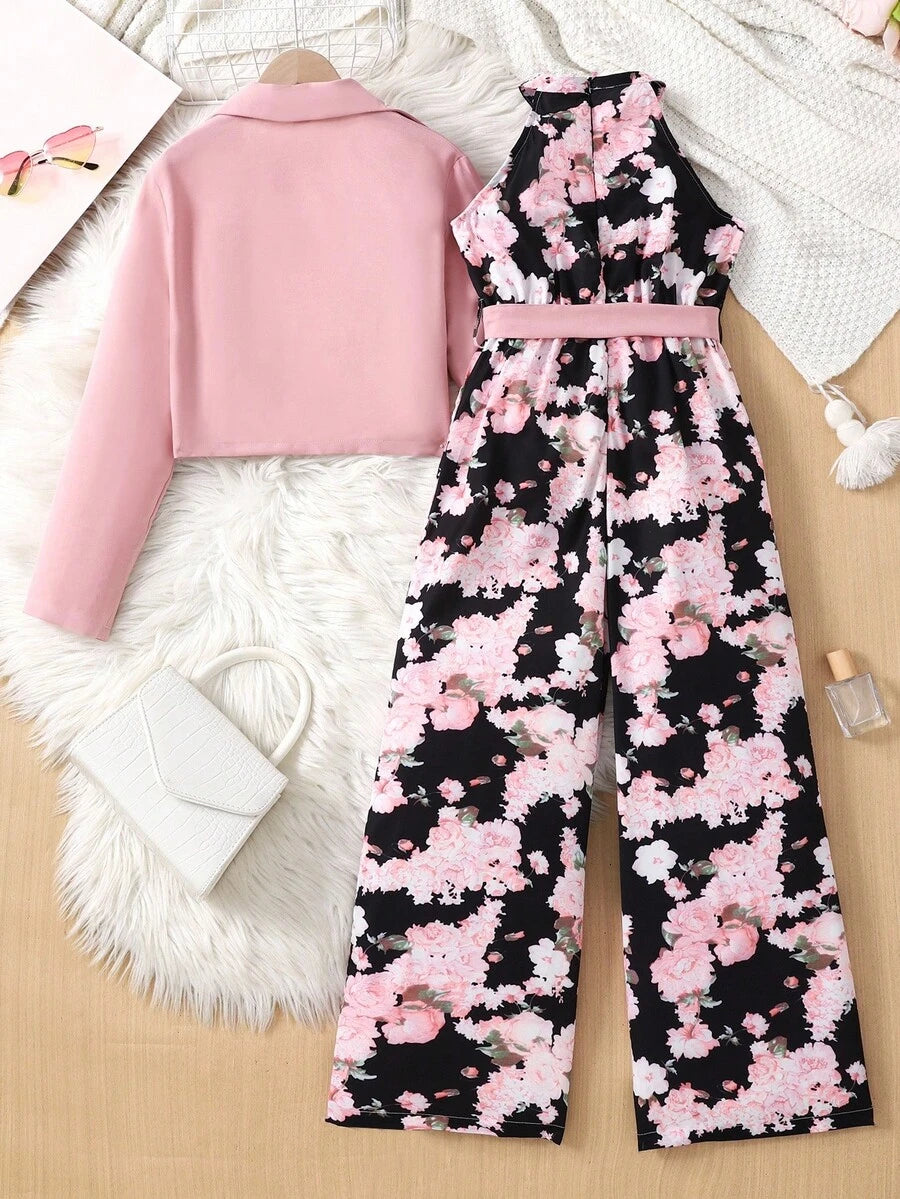 2pcs Big Girls Floral Jumpsuit & Cropped Blazer Set - Onyx | 21 Cen...