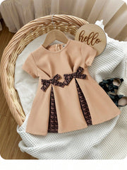 Girls Monogram Bow Detail A-Line Short Sleeve Dress - Latte | 21 Ce...