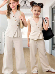 2pcs Girls Double-Breasted Peplum Vest & Wide-Leg Pants Set - Ecru