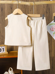 2pcs Girls Double-Breasted Peplum Vest & Wide-Leg Pants Set - Ecru