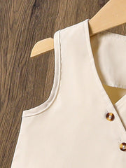2pcs Girls Double-Breasted Peplum Vest & Wide-Leg Pants Set - Ecru