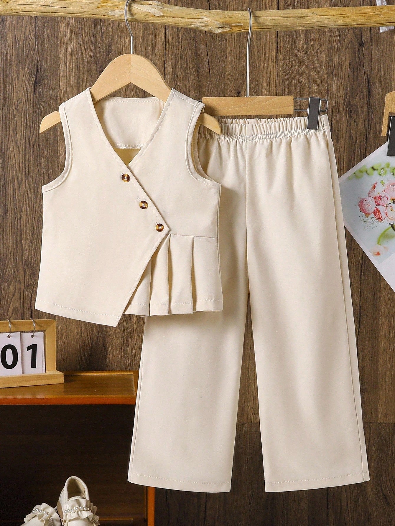 2pcs Girls Double-Breasted Peplum Vest & Wide-Leg Pants Set - Ecru