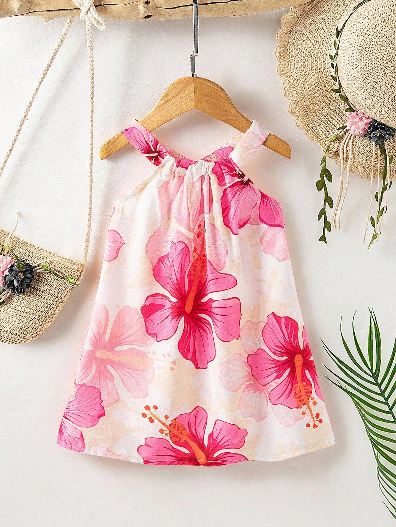 Girls Hibiscus Print Halter Neck Swing Dress - Isabelline | 21 Cent...