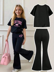 2pcs Big Girls New York Graphic Tee & Flare Pants Set - Onyx | 21 C...