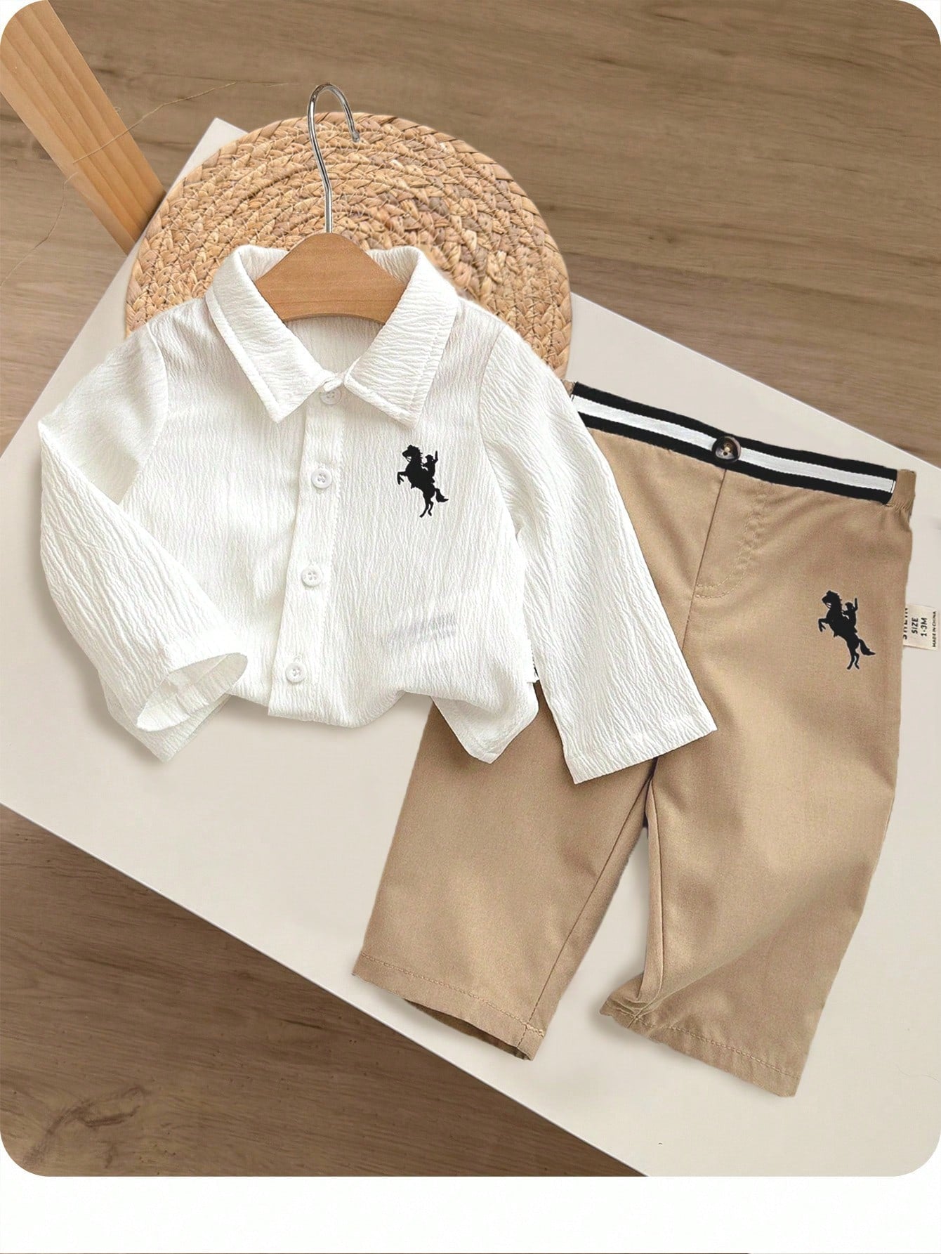 2pcs Baby Boys Equestrian Crinkle Shirt & Trousers Set - Ivory | 21...