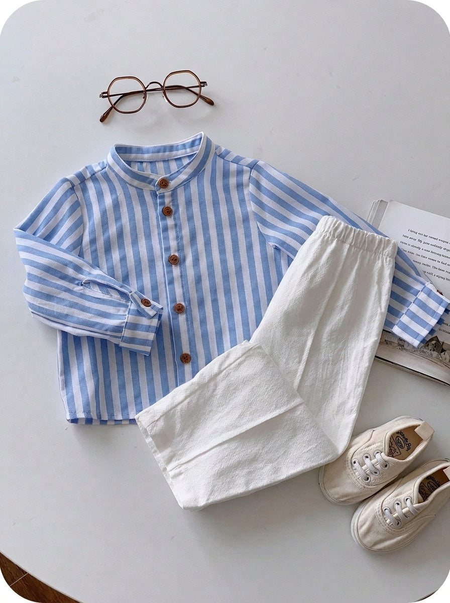2pcs Boys Striped Mandarin Collar Shirt & Trousers Set - Cerulean