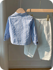 2pcs Boys Striped Mandarin Collar Shirt & Trousers Set - Cerulean |...