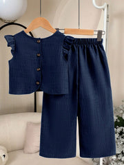 Girls Ruffle Sleeve Button-Back Top & Wide-Leg Pants Set - Midnight