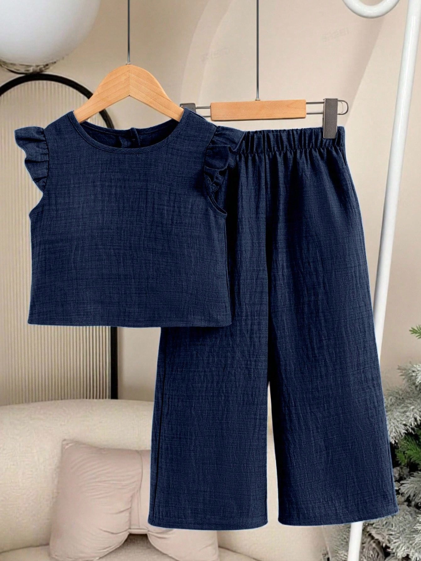 Girls Ruffle Sleeve Button-Back Top & Wide-Leg Pants Set - Midnight