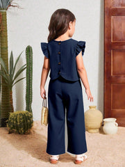 Girls Ruffle Sleeve Button-Back Top & Wide-Leg Pants Set - Midnight