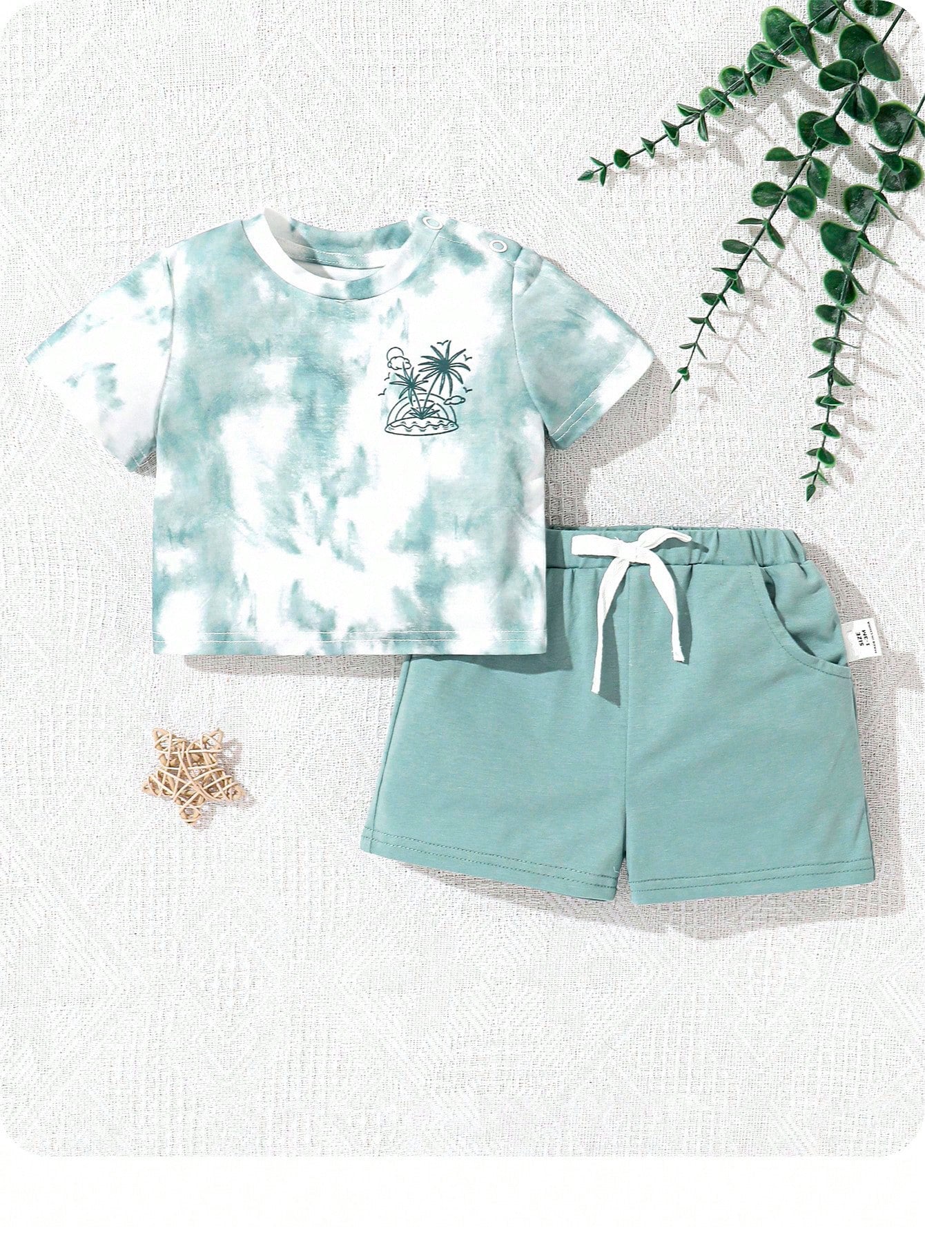 Baby Boys Tie-Dye Palm Print Tee & Shorts Set - Seafoam