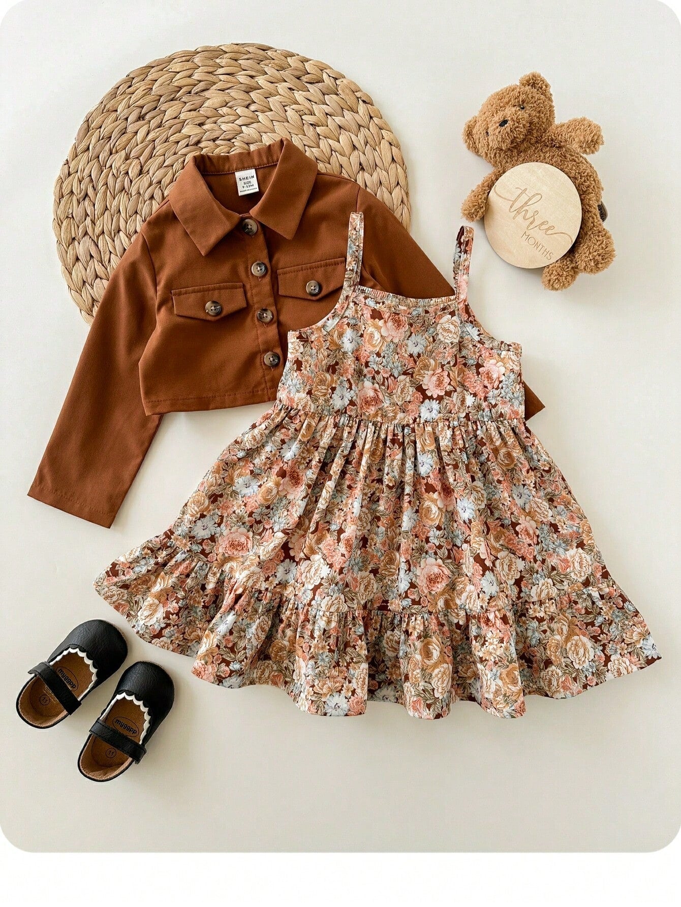 2pcs Girls Floral Sundress & Cropped Jacket Set - Cognac | 21 Centu...