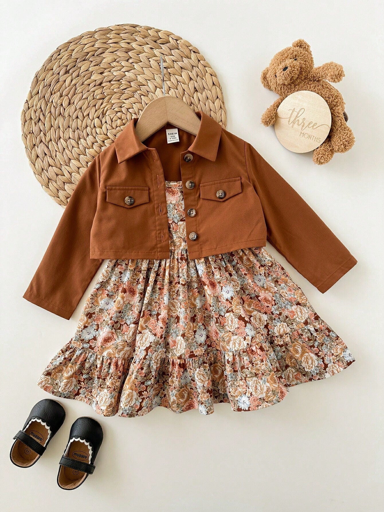 2pcs Girls Floral Sundress & Cropped Jacket Set - Cognac | 21 Centu...