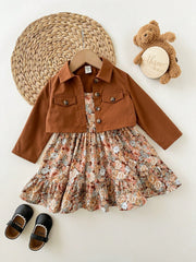 2pcs Girls Floral Sundress & Cropped Jacket Set - Cognac | 21 Centu...