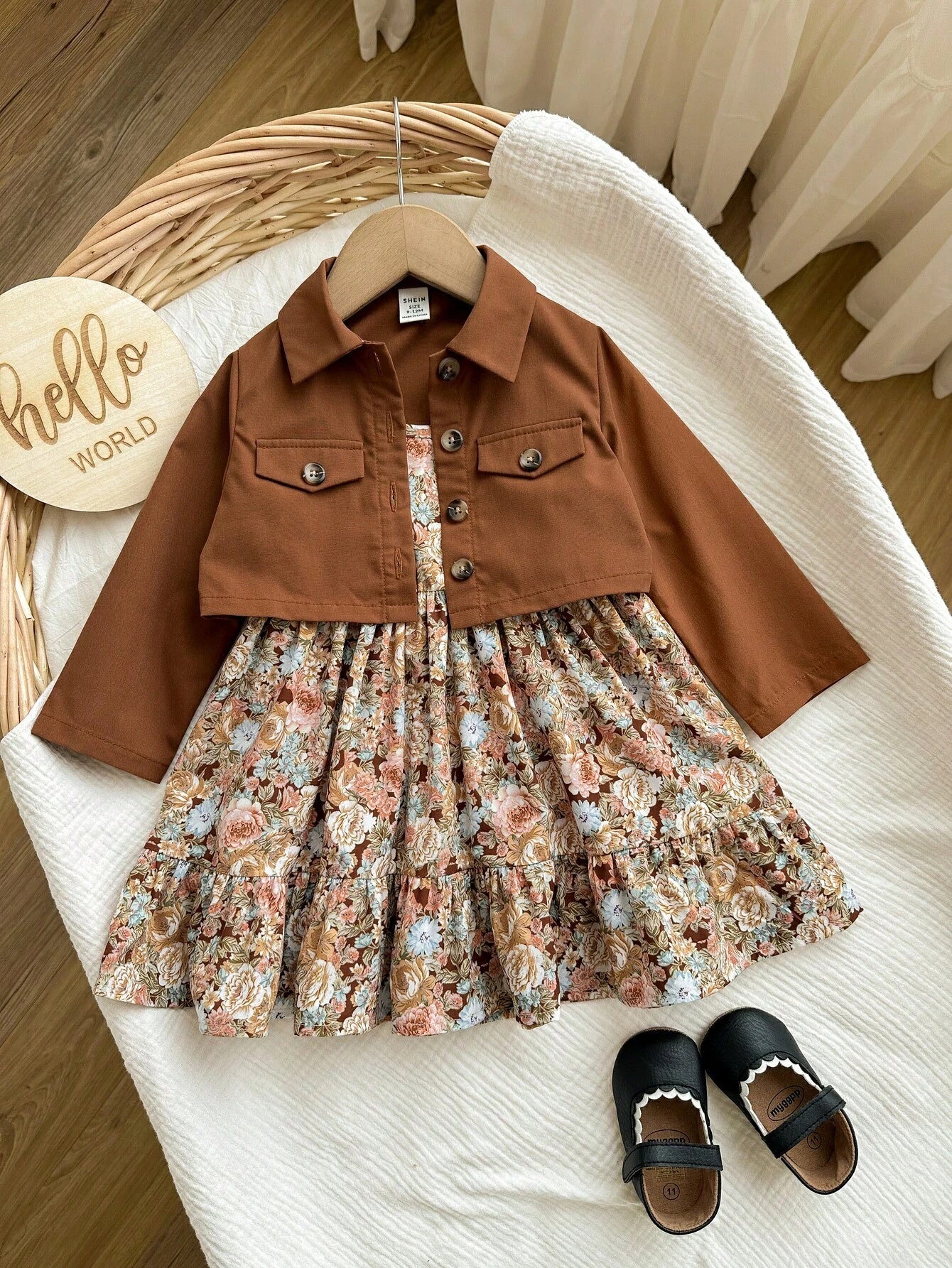 2pcs Girls Floral Sundress & Cropped Jacket Set - Cognac | 21 Centu...