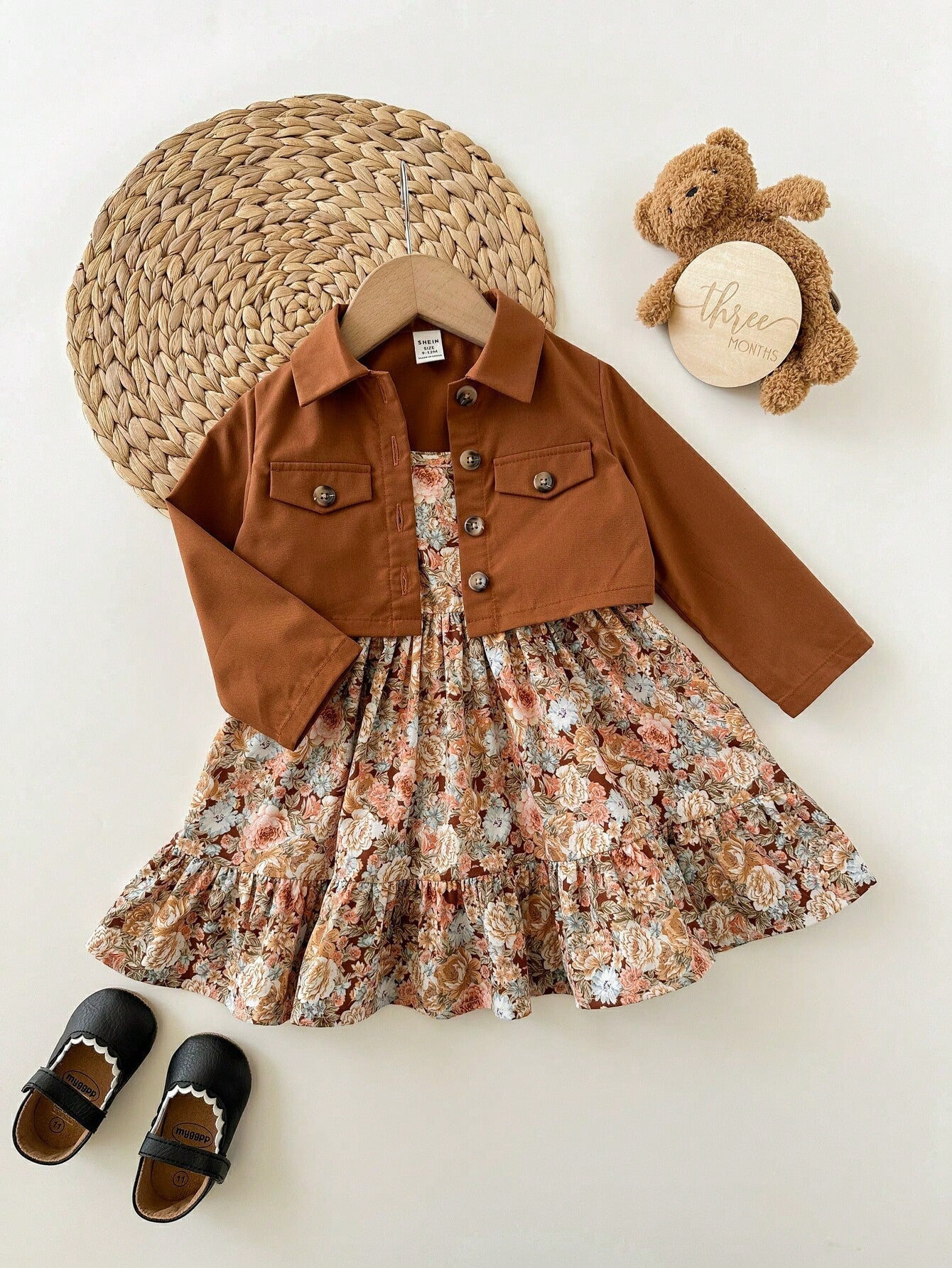 2pcs Girls Floral Sundress & Cropped Jacket Set - Cognac | 21 Centu...
