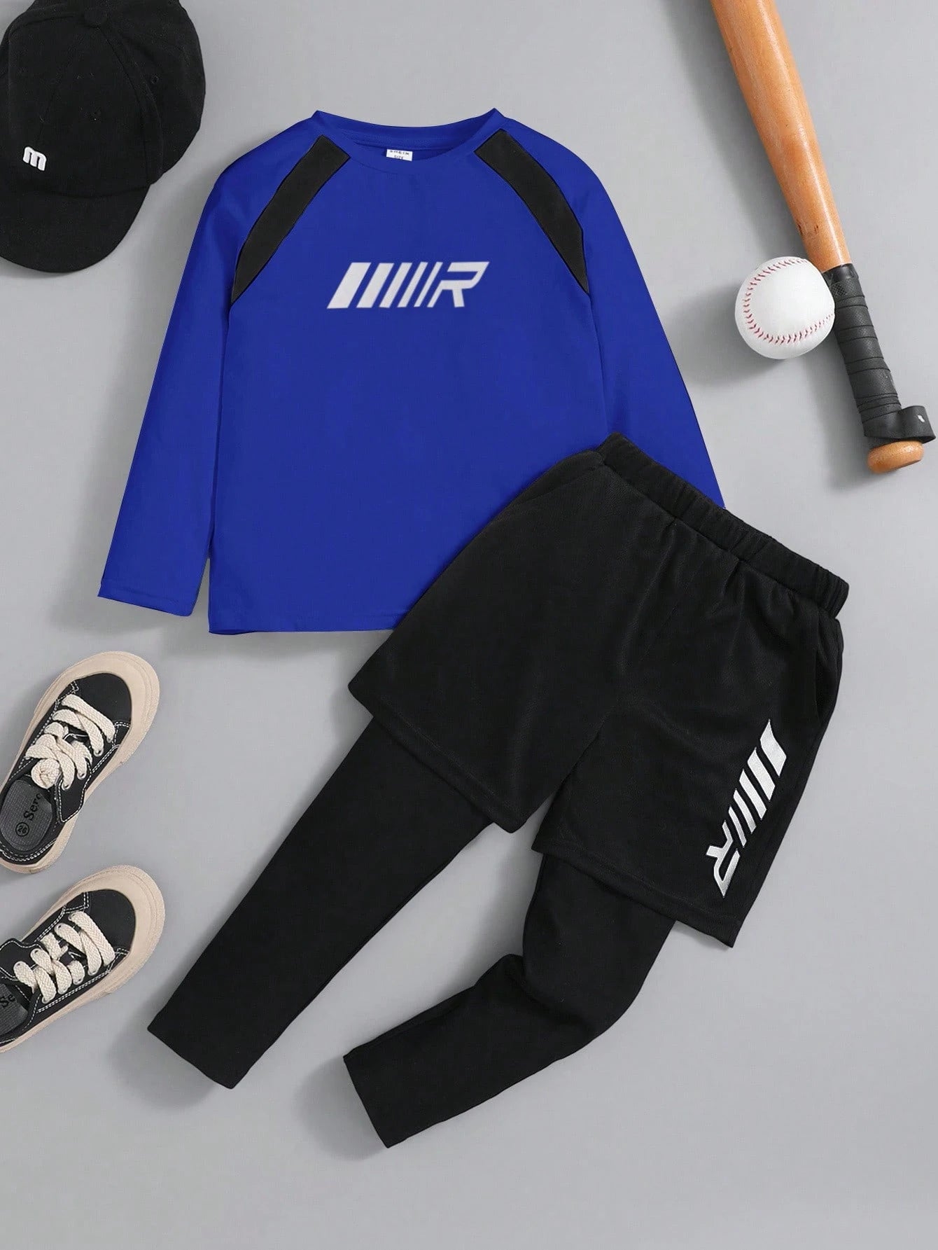 2pcs Boys Raglan Athletic Long Sleeve Top & Legging Set - Cobalt