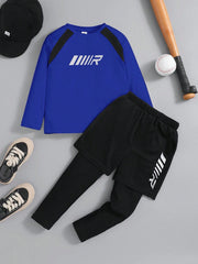 2pcs Boys Raglan Athletic Long Sleeve Top & Legging Set - Cobalt