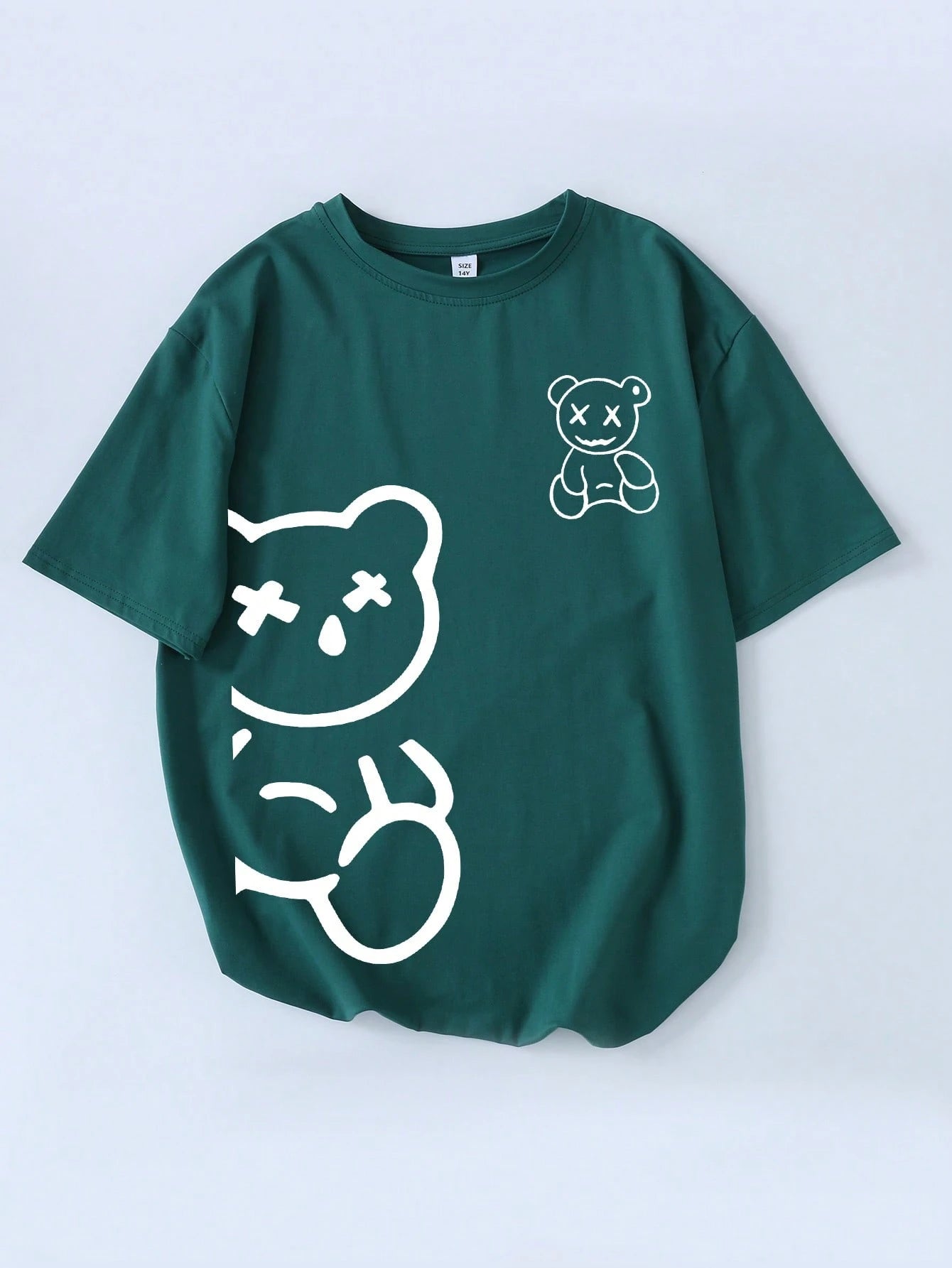 Boys Cartoon Bear Print Round Neck Tee - Forest Green