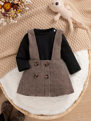 2pcs Baby Girls Ribbed Bodysuit & Houndstooth Suspender Skirt Set -...