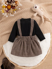 2pcs Baby Girls Ribbed Bodysuit & Houndstooth Suspender Skirt Set -...