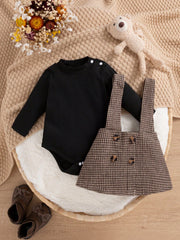 2pcs Baby Girls Ribbed Bodysuit & Houndstooth Suspender Skirt Set -...