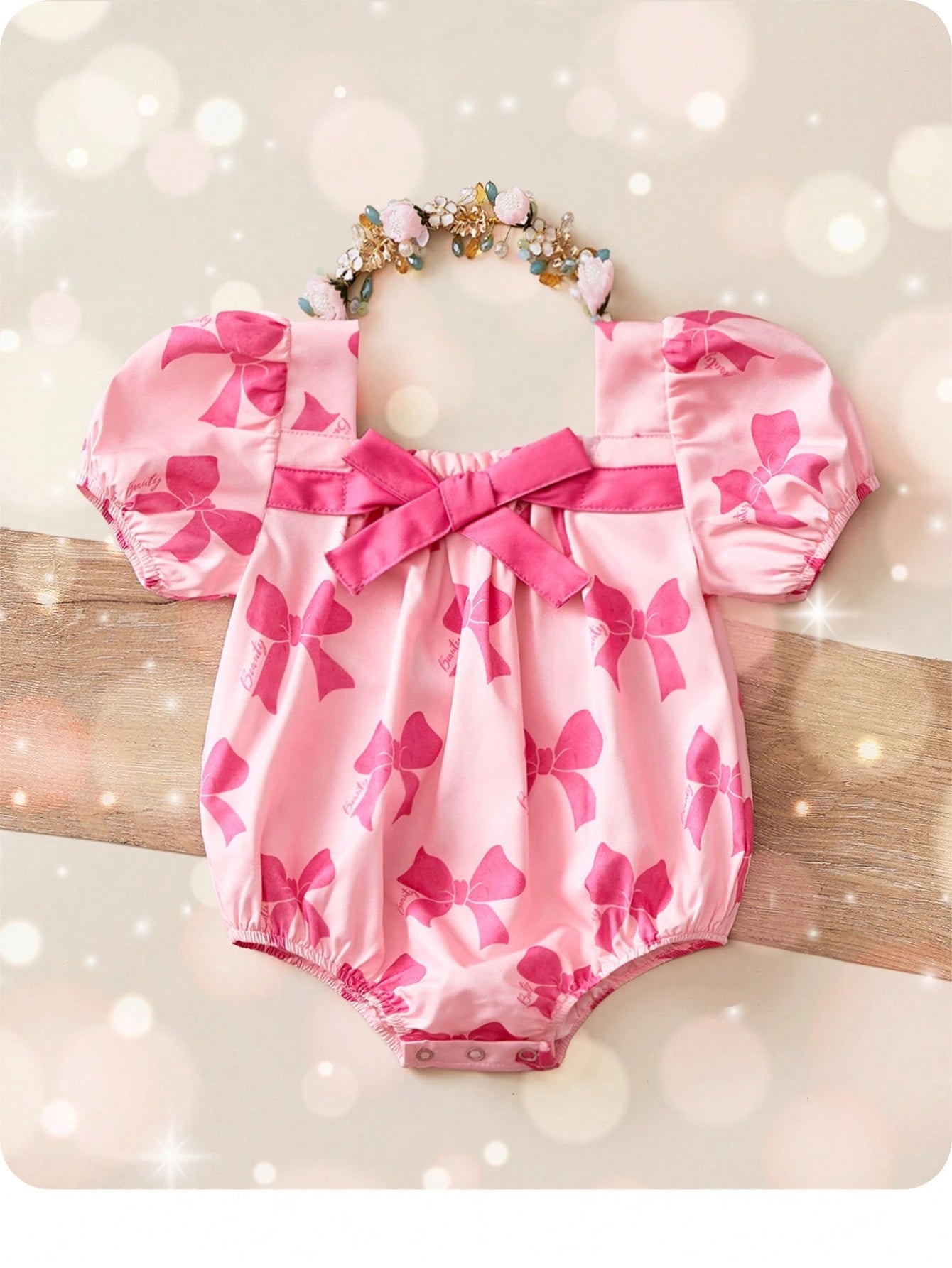 Baby Girls Bow Print Puff Sleeve Bodysuit - Blush