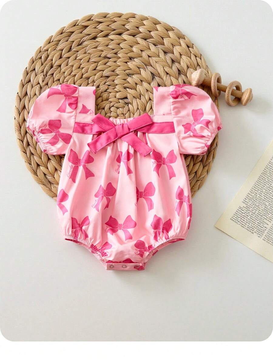 Baby Girls Bow Print Puff Sleeve Bodysuit - Blush