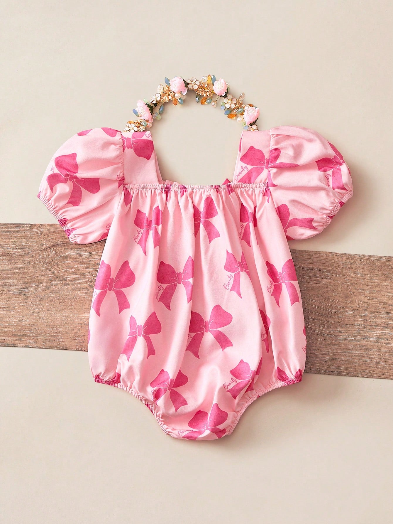 Baby Girls Bow Print Puff Sleeve Bodysuit - Blush