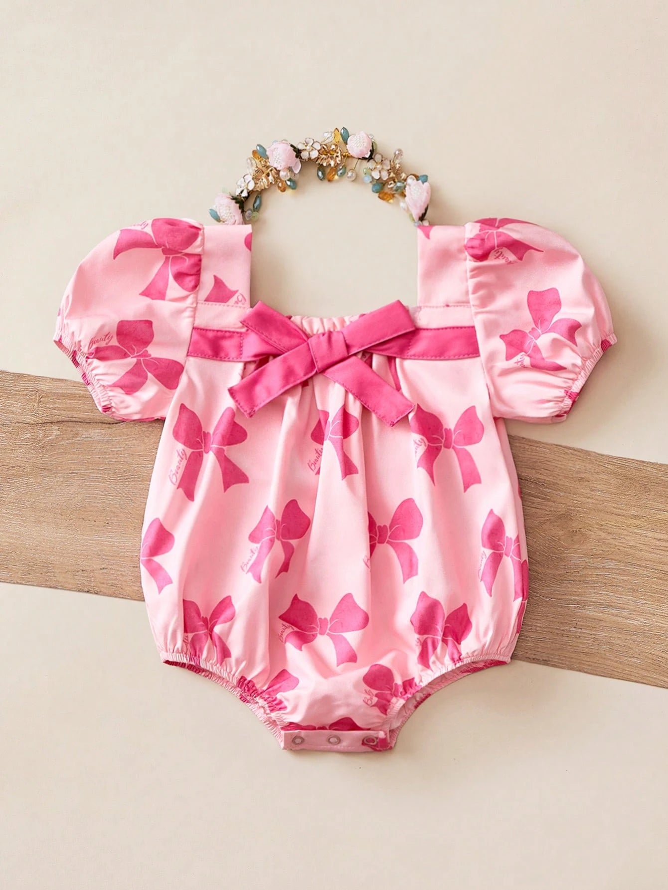 Baby Girls Bow Print Puff Sleeve Bodysuit - Blush