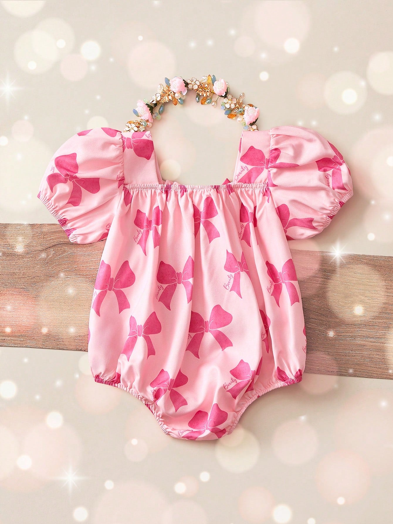 Baby Girls Bow Print Puff Sleeve Bodysuit - Blush